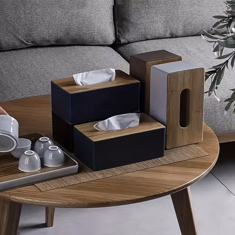 1 Boîte à mouchoirs moderne grande capacité en plastique noir et imitation bois naturel