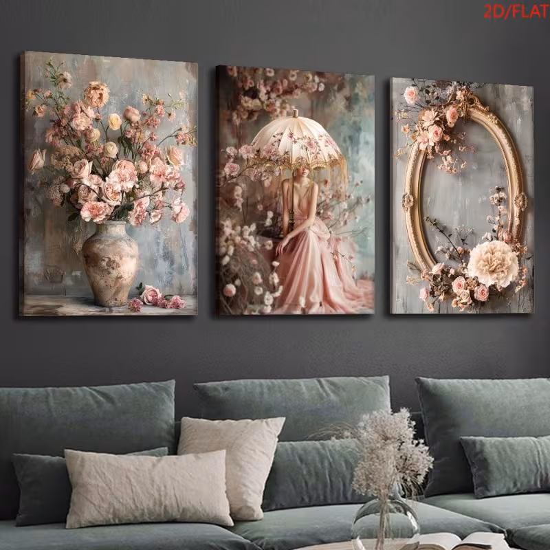 2D Plat, 3 pièces Toile Sans Cadre Élégante Pivoine Chinoise et Florale Adaptée pour Salon, Chambre, Bureau